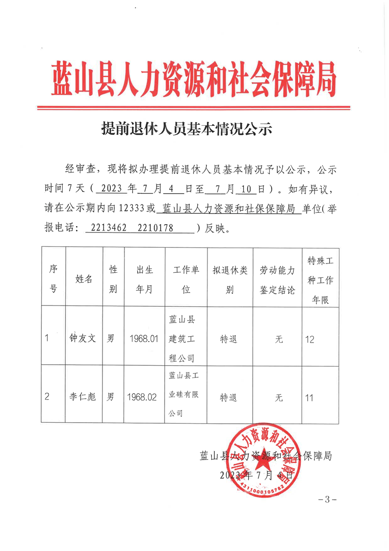 提前退休人员基本情况公示_通知公告_蓝山县人力资源和社会保障局